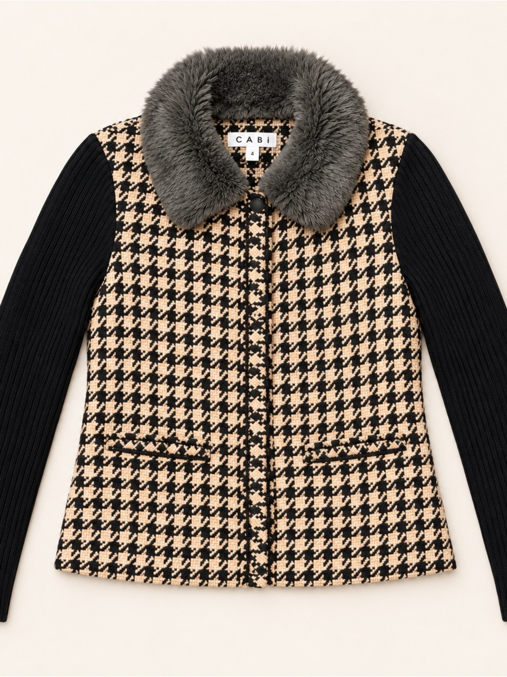 Cabi Mixer Jacket Size 4 Houndstooth Wool Blend Faux Fur Collar Style 978